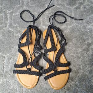 FIRENZE BLACK BRAIDED STRAPPY FLATS SANDALS WOMENS SIZE 6 LACE UP GLADIATOR BOHO